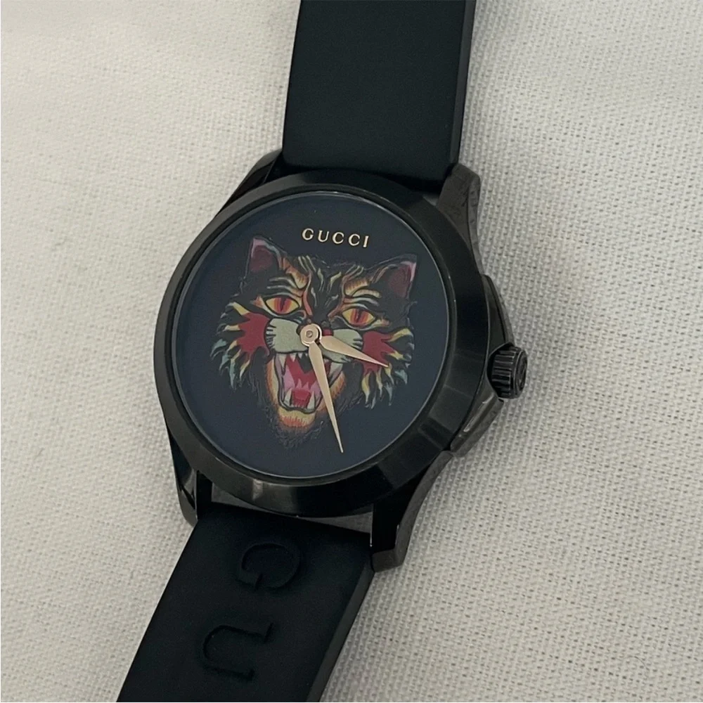 Gucci Black Watch with Multicolor Cat Face Dial